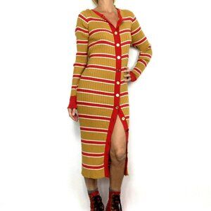 Alysi Sweater Dress Cardigan Duster M Red Stripe Distress Midi Long Sleeve